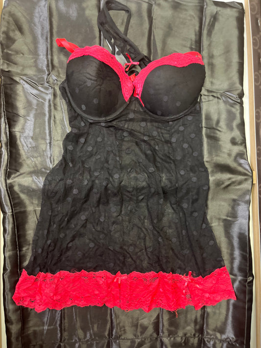 2-Piece Black and Red Polka Dot Lace Lingerie Fashion Set