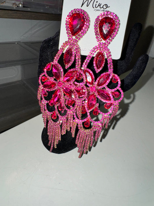 Hot Pink Stone Oversized Formal Fashion Earrings