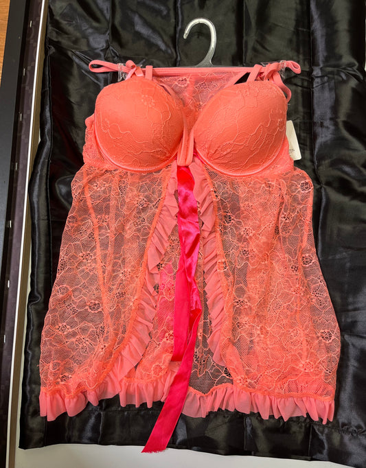 2-Piece Coral and Hot Pink Lace Lingerie Fashion Set