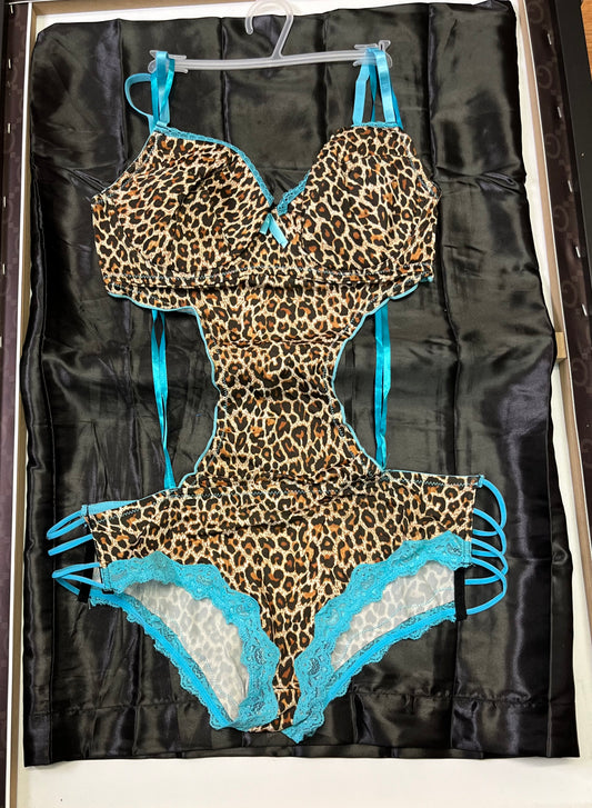 1-Piece Leopard and Light Blue Lace Lingerie Fashion Bodysuit