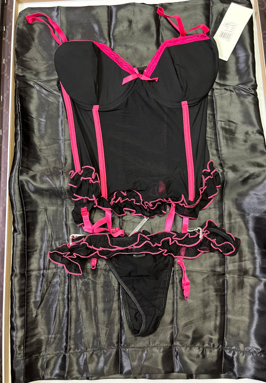 2-Piece Black and Hot Pink Lace Lingerie Fashion Set