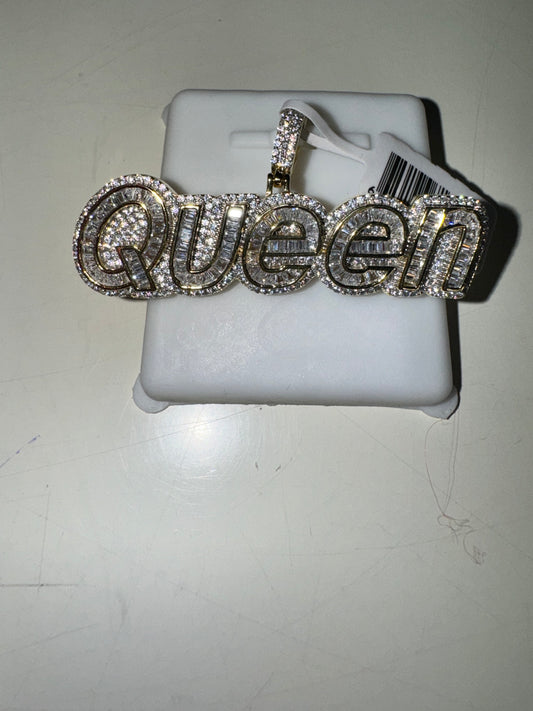 Iced Out Sterling Silver 925 Gold Bling Queen Fashion Pendant