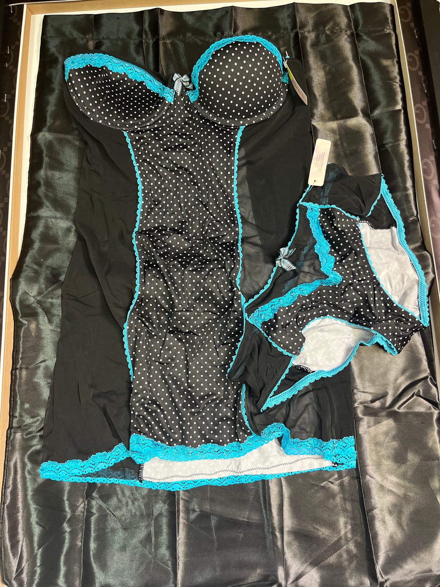 2-Piece Black and Light Blue Polka Dot Lingerie Fashion Set