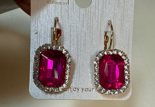 Gold Bling Hot Pink Stone Fashion Earrings