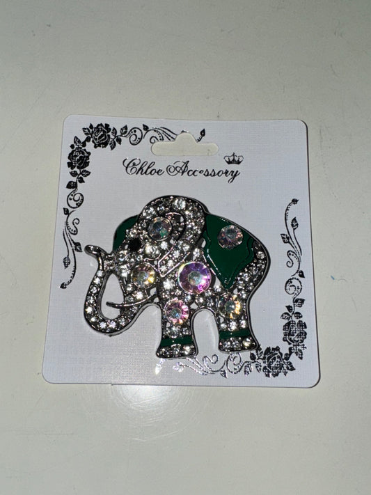 Silver and Green Metal Elephant with Clear AB Stones Brooch