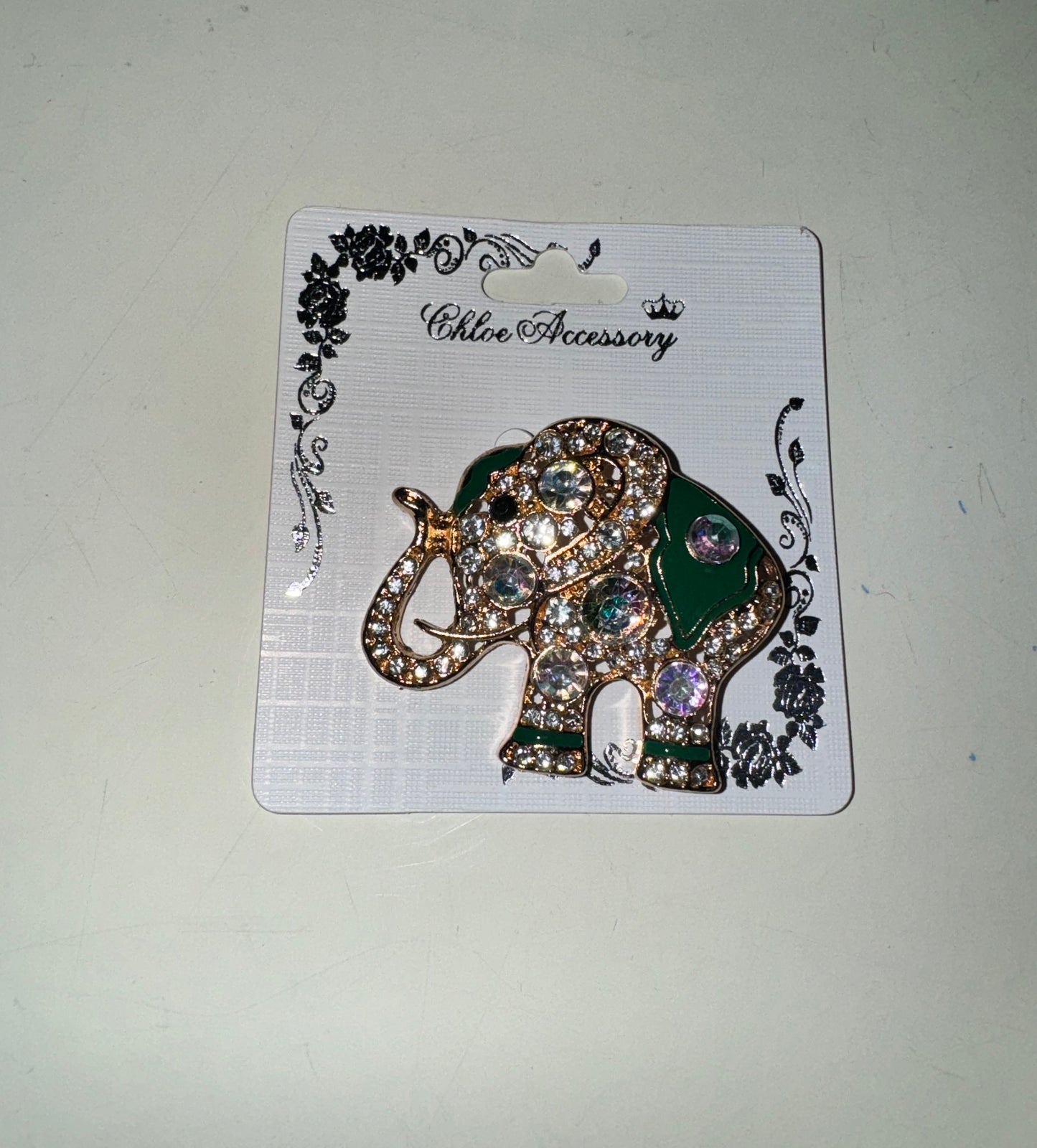 Gold and Green Metal Elephant with Clear AB Stones Brooch