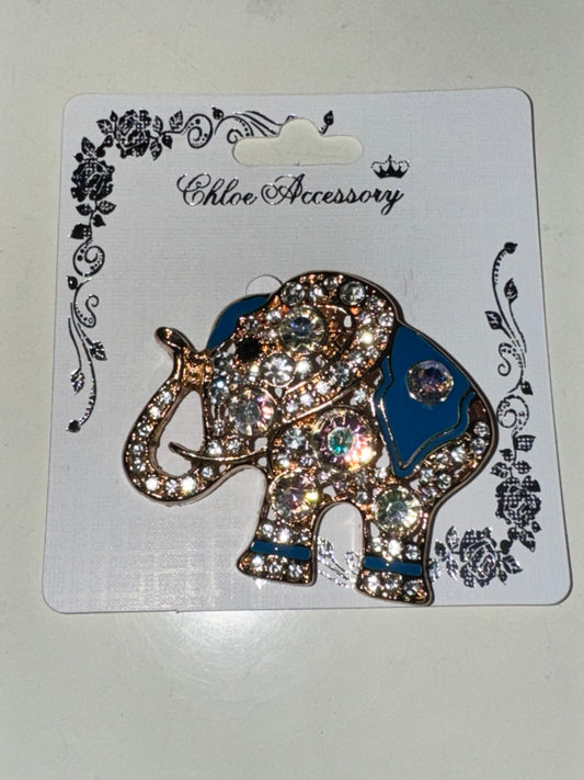 Gold and Blue Metal Elephant with Clear AB Stones Brooch