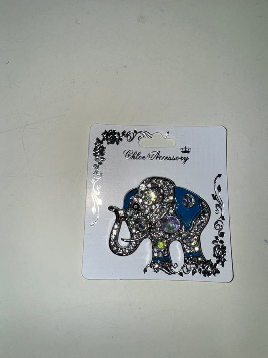 Silver and Blue Metal Elephant with Clear AB Stones Brooch