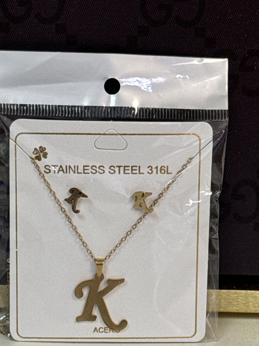 Gold Stainless Steel Letter K Necklace and Earrings Fashion Set