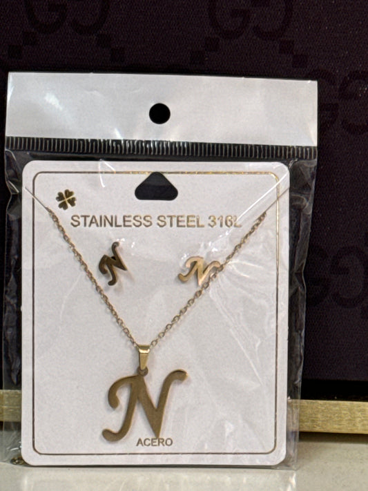 Gold Stainless Steel Letter N Necklace and Earrings Fashion Set