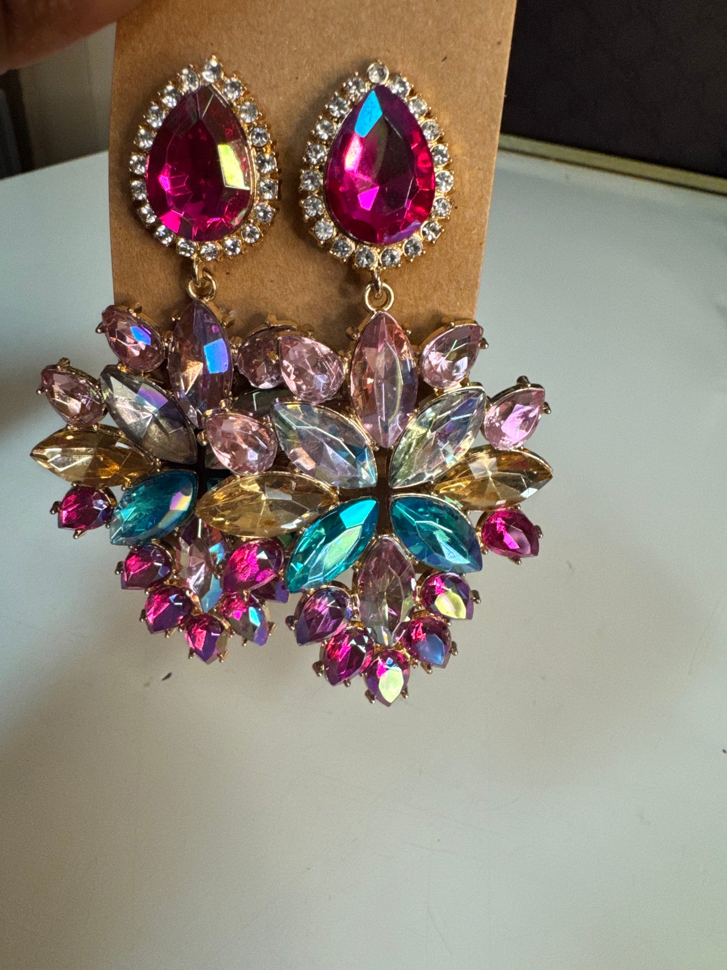 Gold, Hot Pink and Multicolored Stone Formal Fashion Earrings