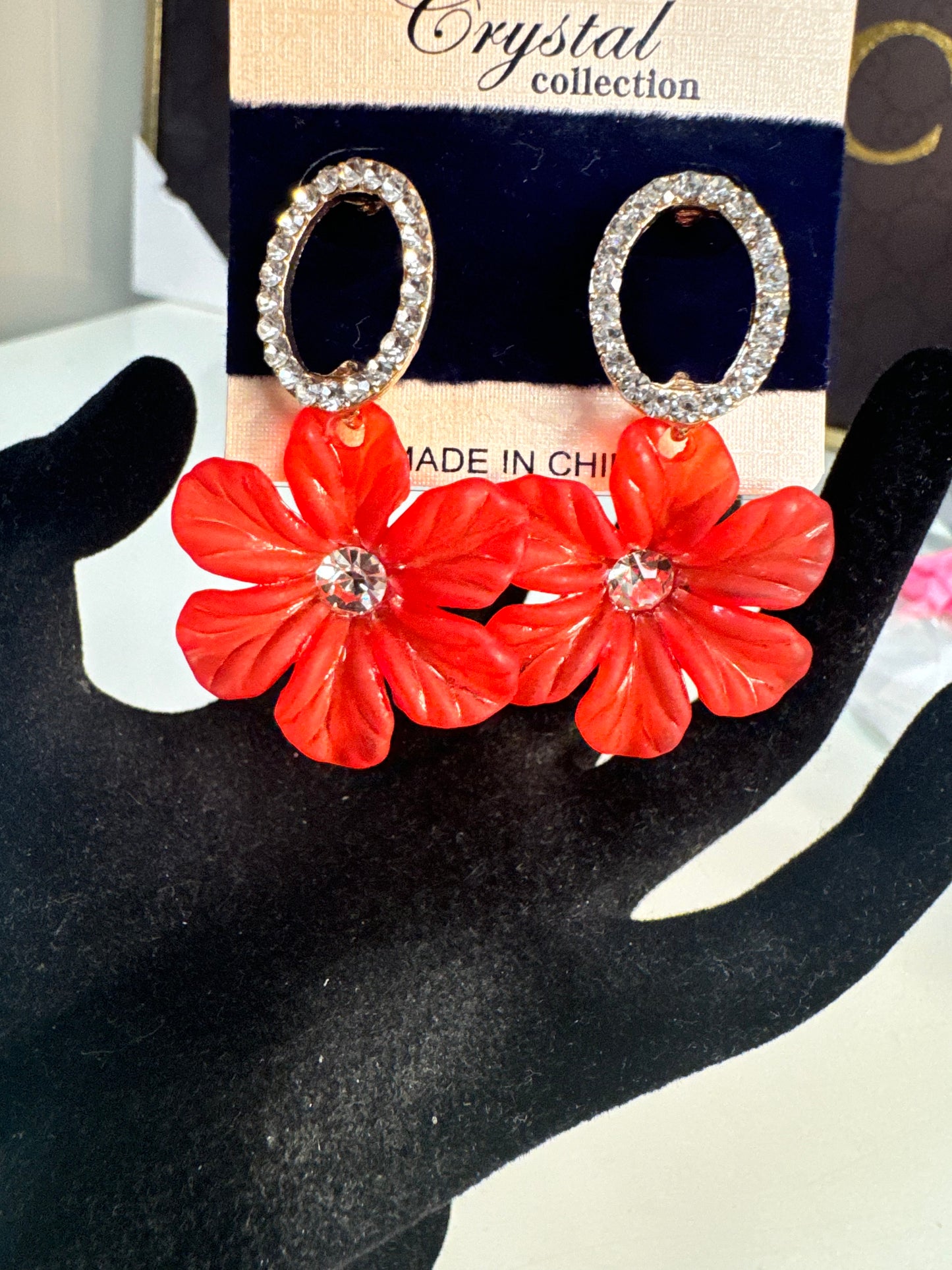 Gold, Red and Bling Flower Fashion Earrings