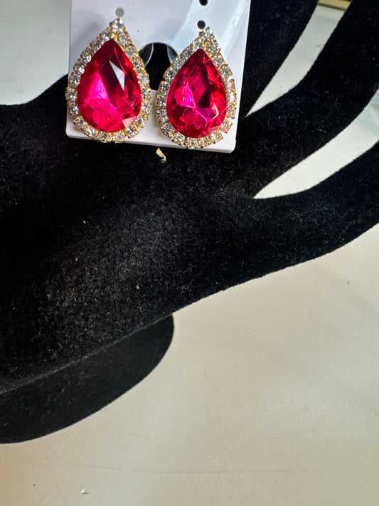 Gold and Hot Pink Stone with Clear Bling Fashion Earrings