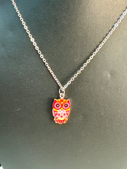 Silver and Pink Muticolored Owl Fashion Necklace