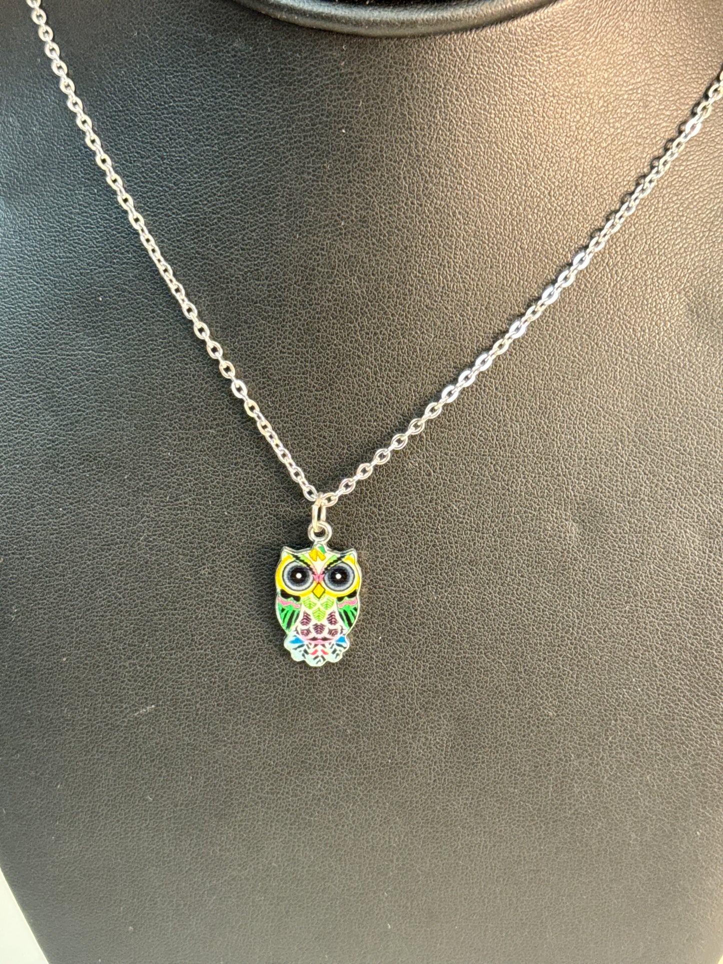 Silver and Yellow Muticolored Owl Fashion Necklace