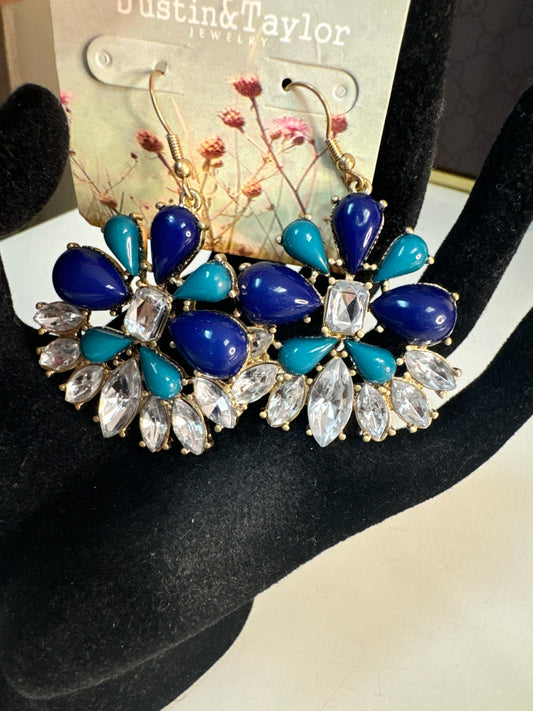 Gold and Turquoise Blue Stone with Clear Bling Fashion Earrings