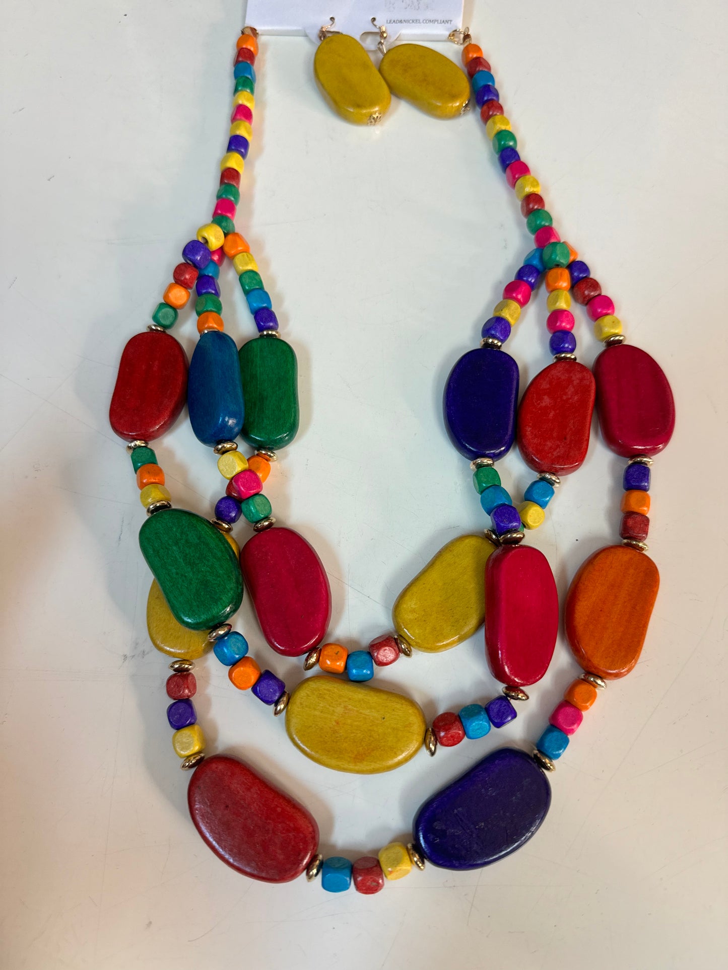 Multicolored Wooden Earrings and Necklace Fashion Set