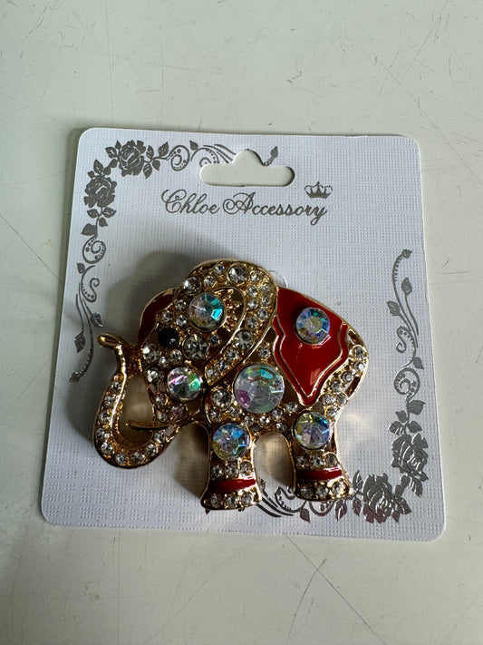 Gold and Red Metal Elephant with Clear AB Stones Brooch