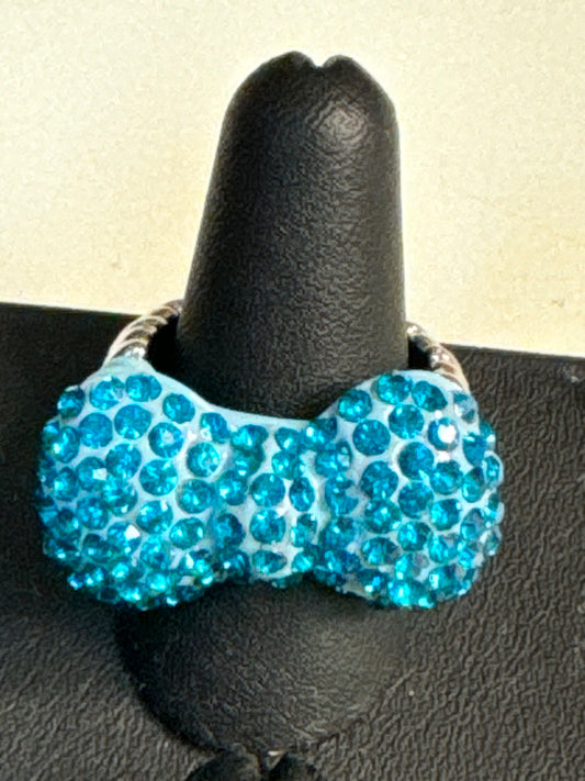 Silver and Blue Bling Stretchy Back Bow Ring